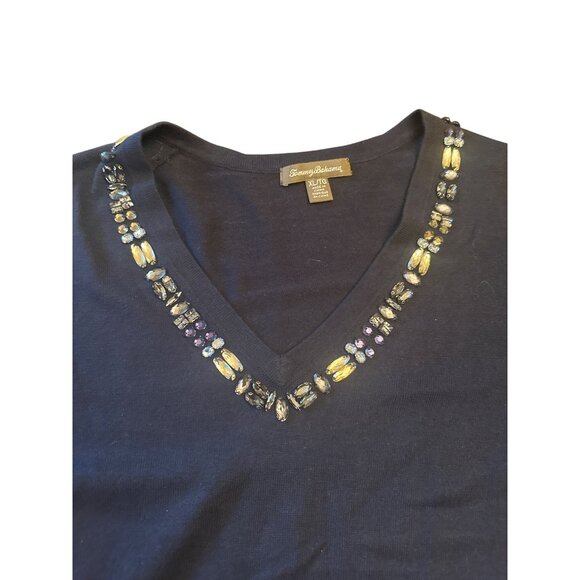 Tommy Bahama Navy V-Neck Sweater Embellished Neckline XL - Picture 2 of 6